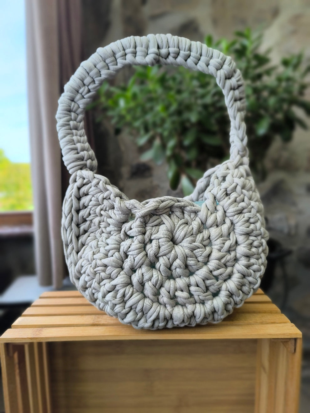 Sac Hobobag "Grège Élégant" | Crochet Fait Main Tissu Recyclé