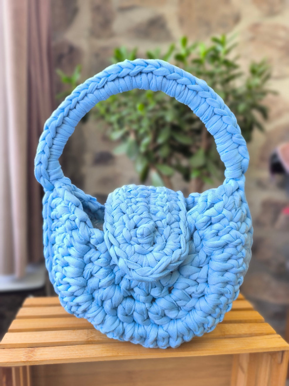 Sac Hobobag Tissu Recyclé Bleu Ciel | Fait Main Crochet