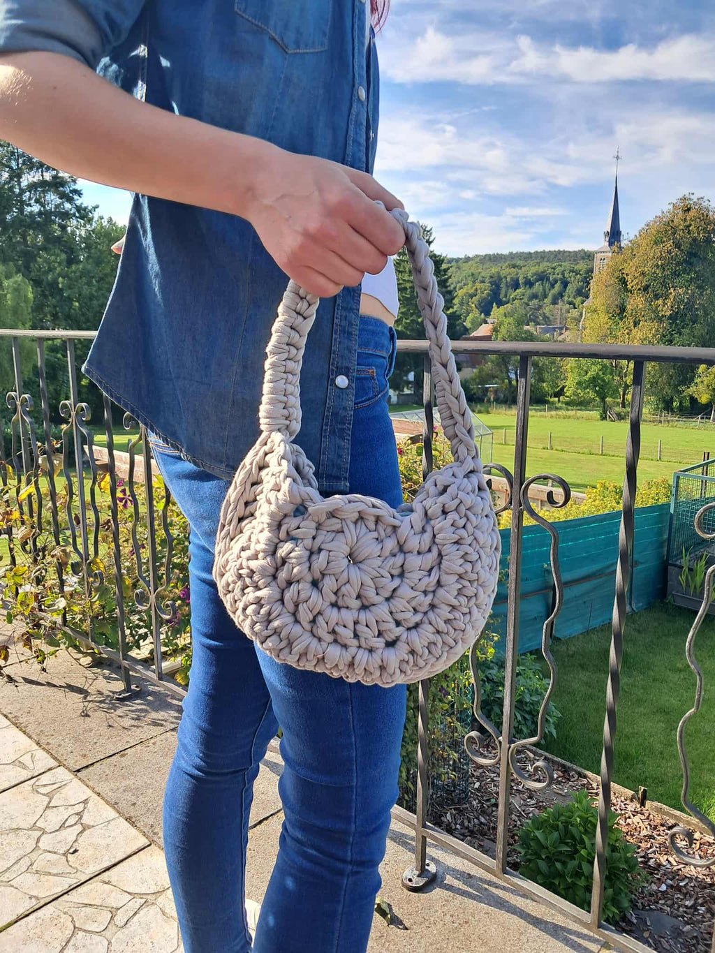 Sac Hobobag "Grège Élégant" | Crochet Fait Main Tissu Recyclé