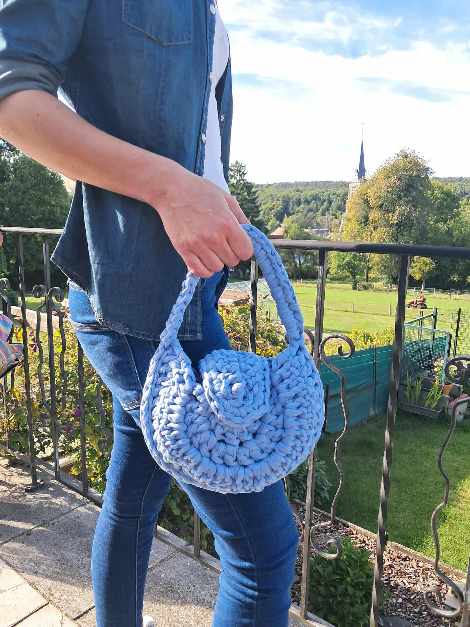 Sac Hobobag Tissu Recyclé Bleu Ciel | Fait Main Crochet